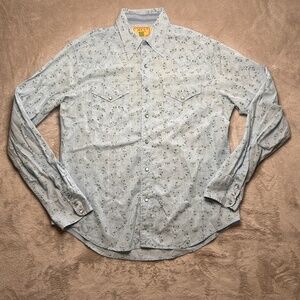 Vintage BDG Pearl Snap Button Down Shirt Mens M Blue Floral Western Cowboy 80s
